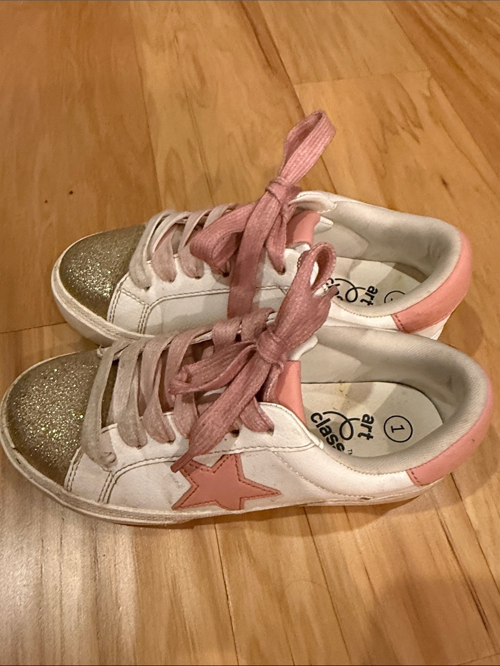 Kids White and Pink Star Sneakers with Gold Glitter Toe